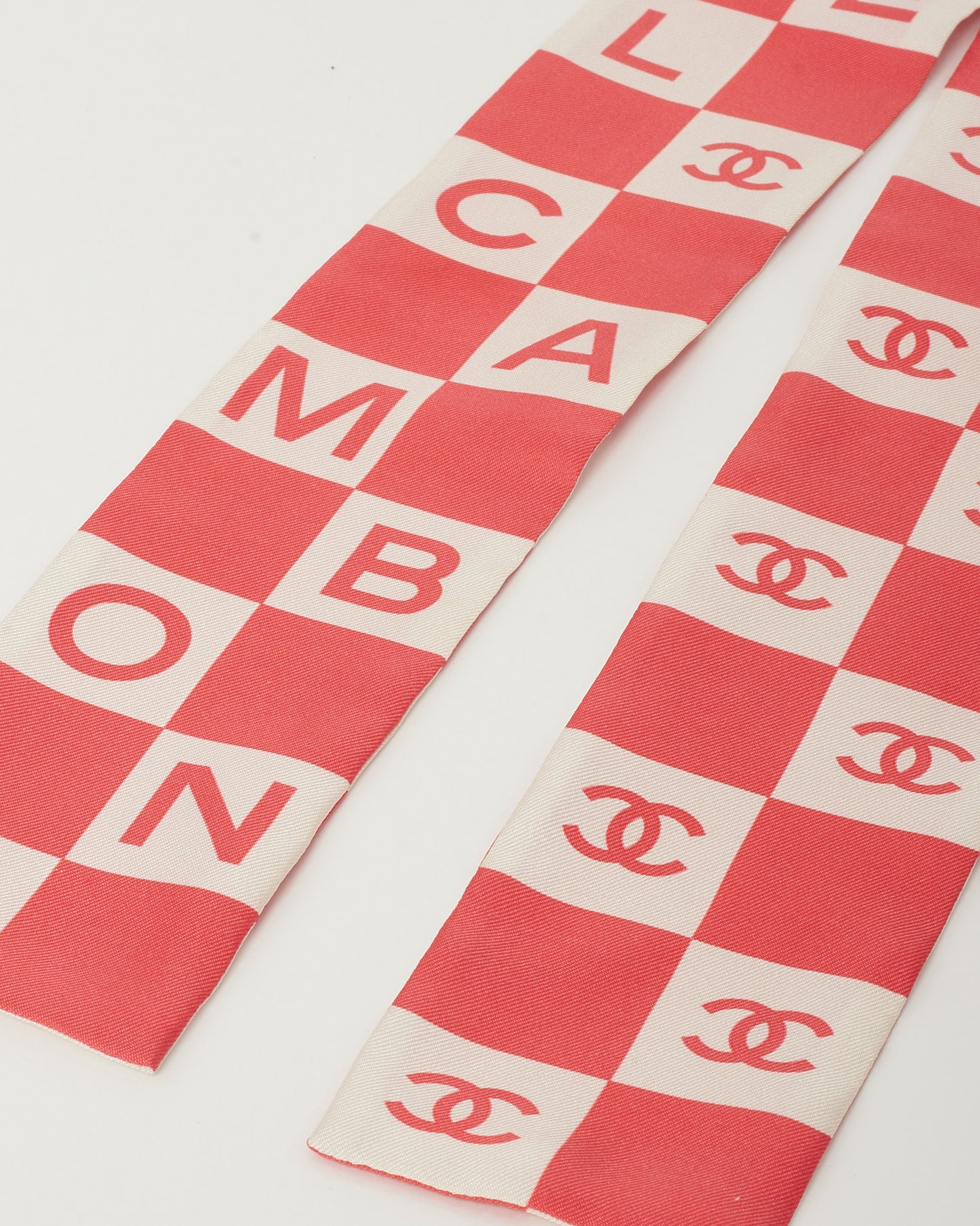 Chanel Coral Pink and White Checkered Silk Coco and CC Logo Bandeau Twilly Scarf