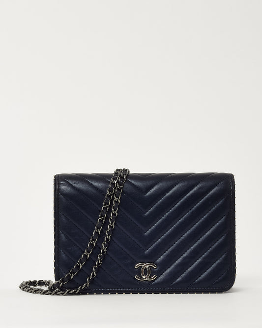 Chanel Navy Chevron Lambskin Leather SHW Studded WOC Wallet on Chain Crossbody Bag