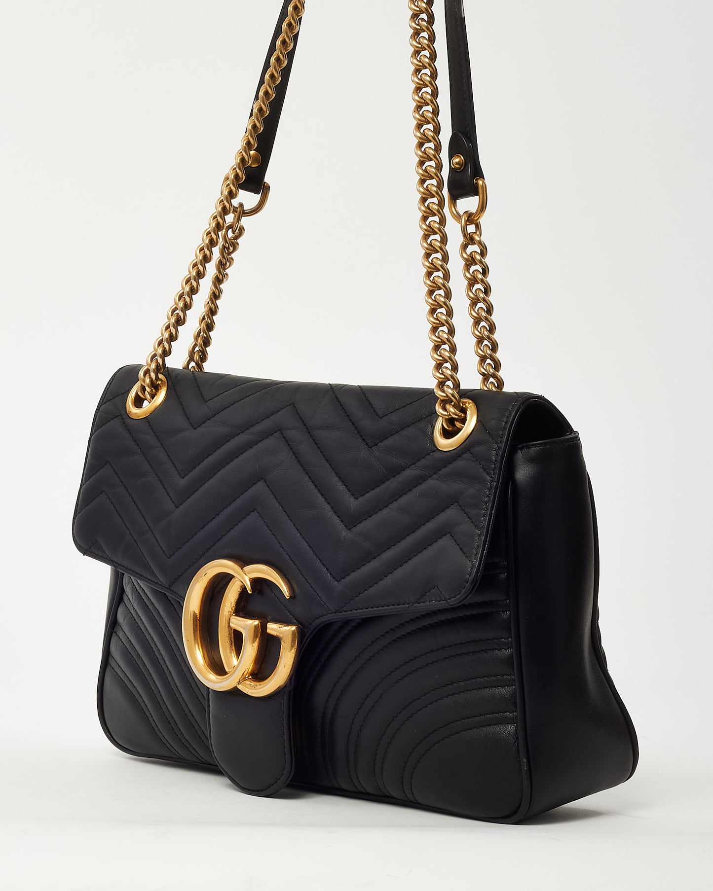 Gucci Black Matelassé Leather Medium GG Marmont Shoulder Bag GHW