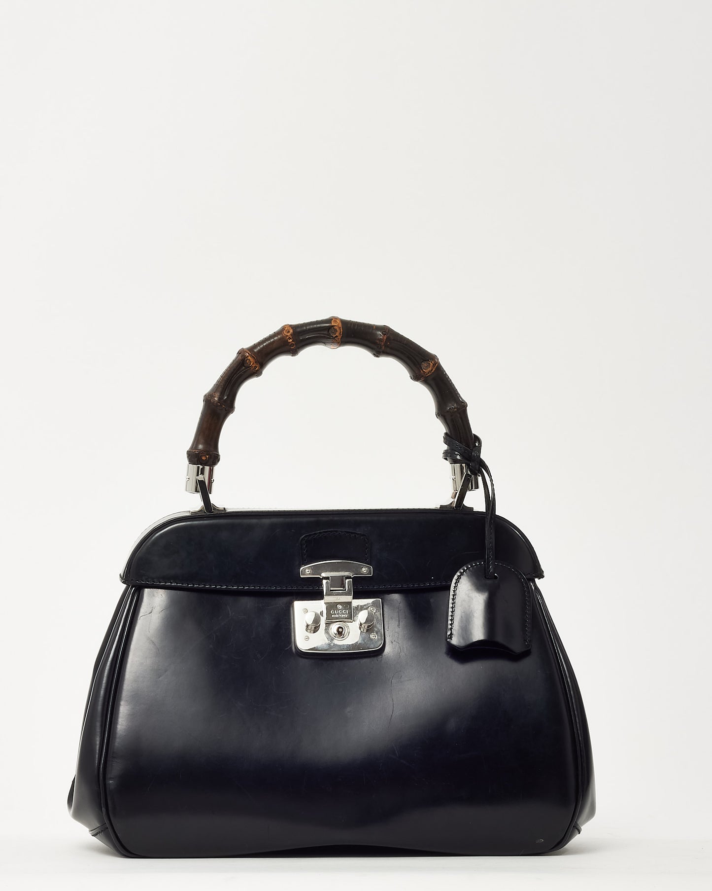 Gucci Black Glazed Calfskin Leather Lady Lock Bamboo Top Handle Bag SHW