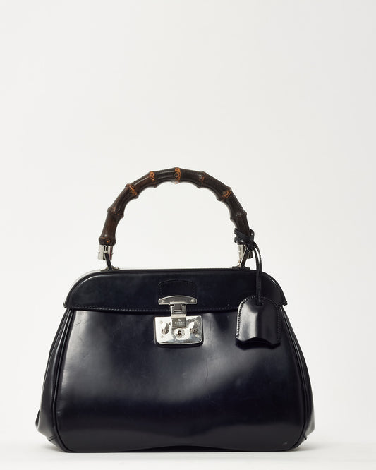 Gucci Black Glazed Calfskin Leather Lady Lock Bamboo Top Handle Bag SHW