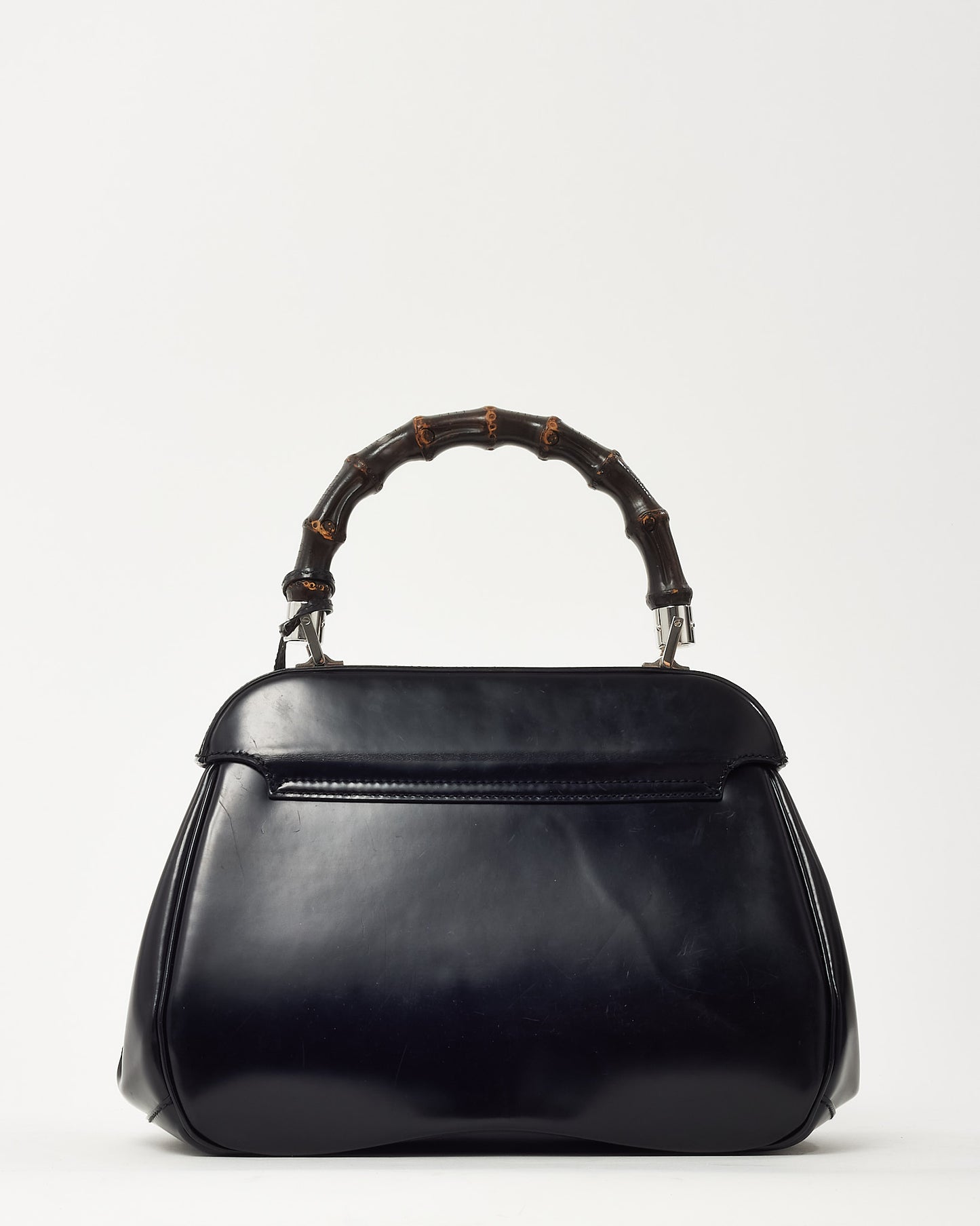 Gucci Black Glazed Calfskin Leather Lady Lock Bamboo Top Handle Bag SHW