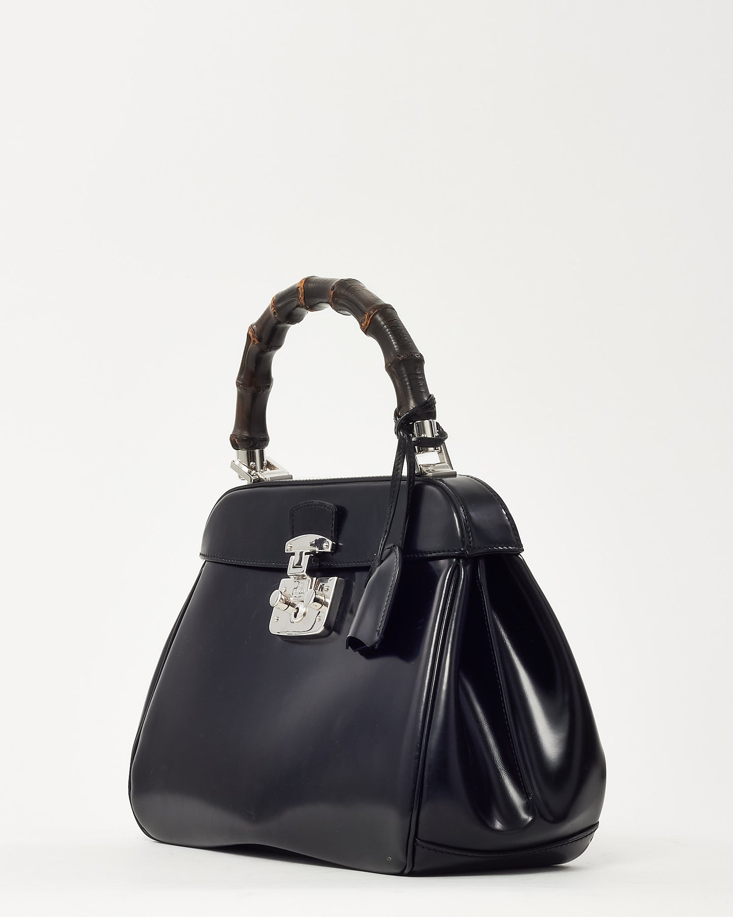 Gucci Black Glazed Calfskin Leather Lady Lock Bamboo Top Handle Bag SHW