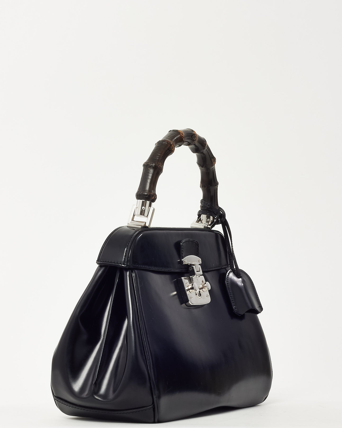 Gucci Black Glazed Calfskin Leather Lady Lock Bamboo Top Handle Bag SHW