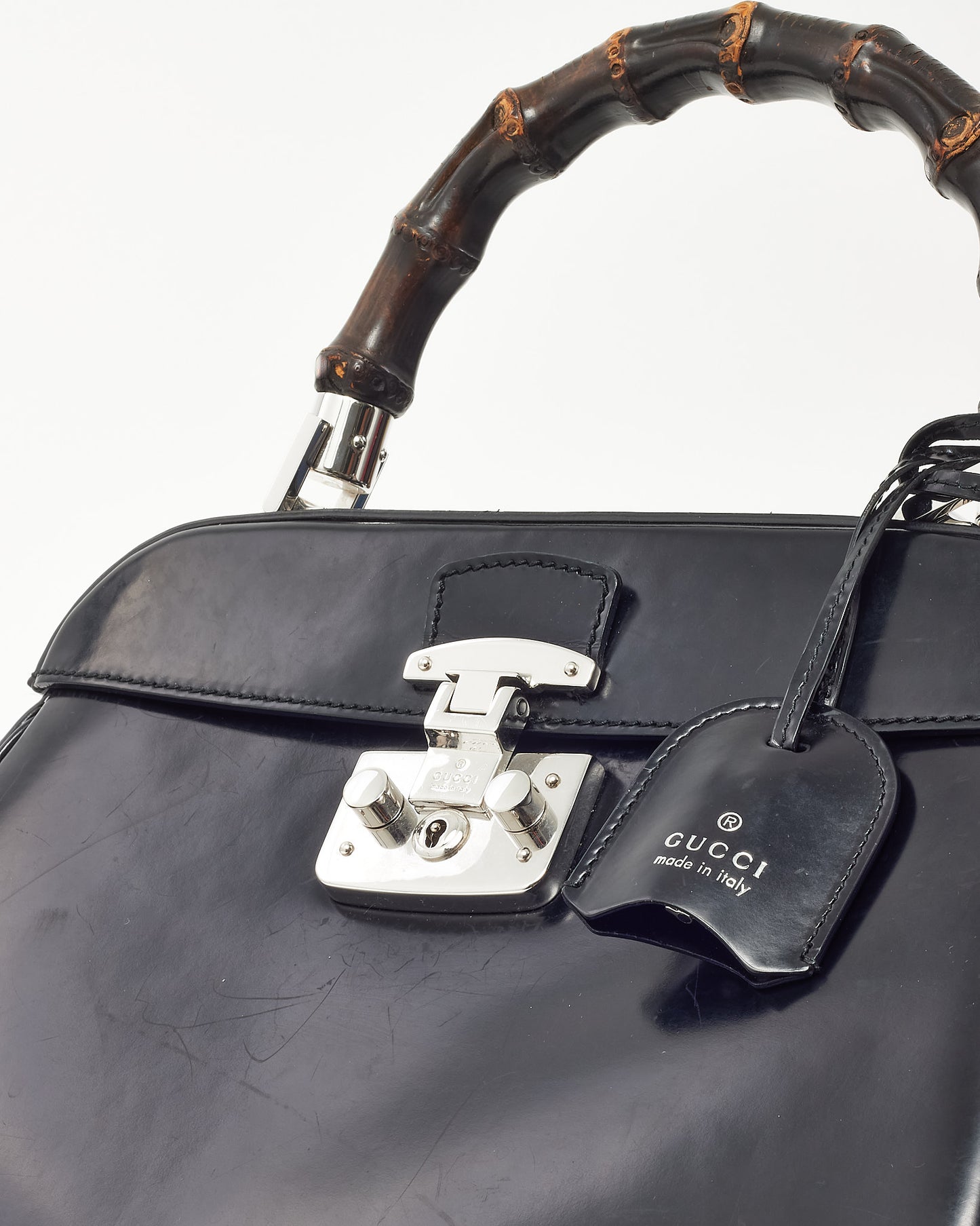 Gucci Black Glazed Calfskin Leather Lady Lock Bamboo Top Handle Bag SHW