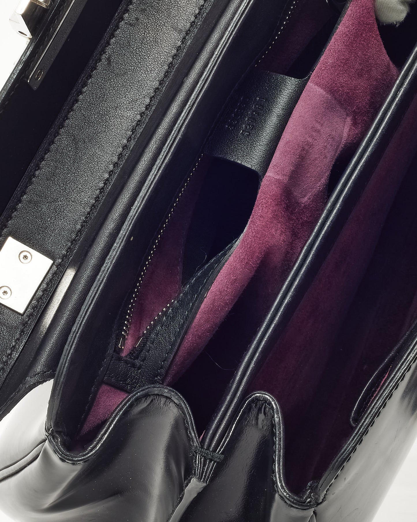 Gucci Black Glazed Calfskin Leather Lady Lock Bamboo Top Handle Bag SHW
