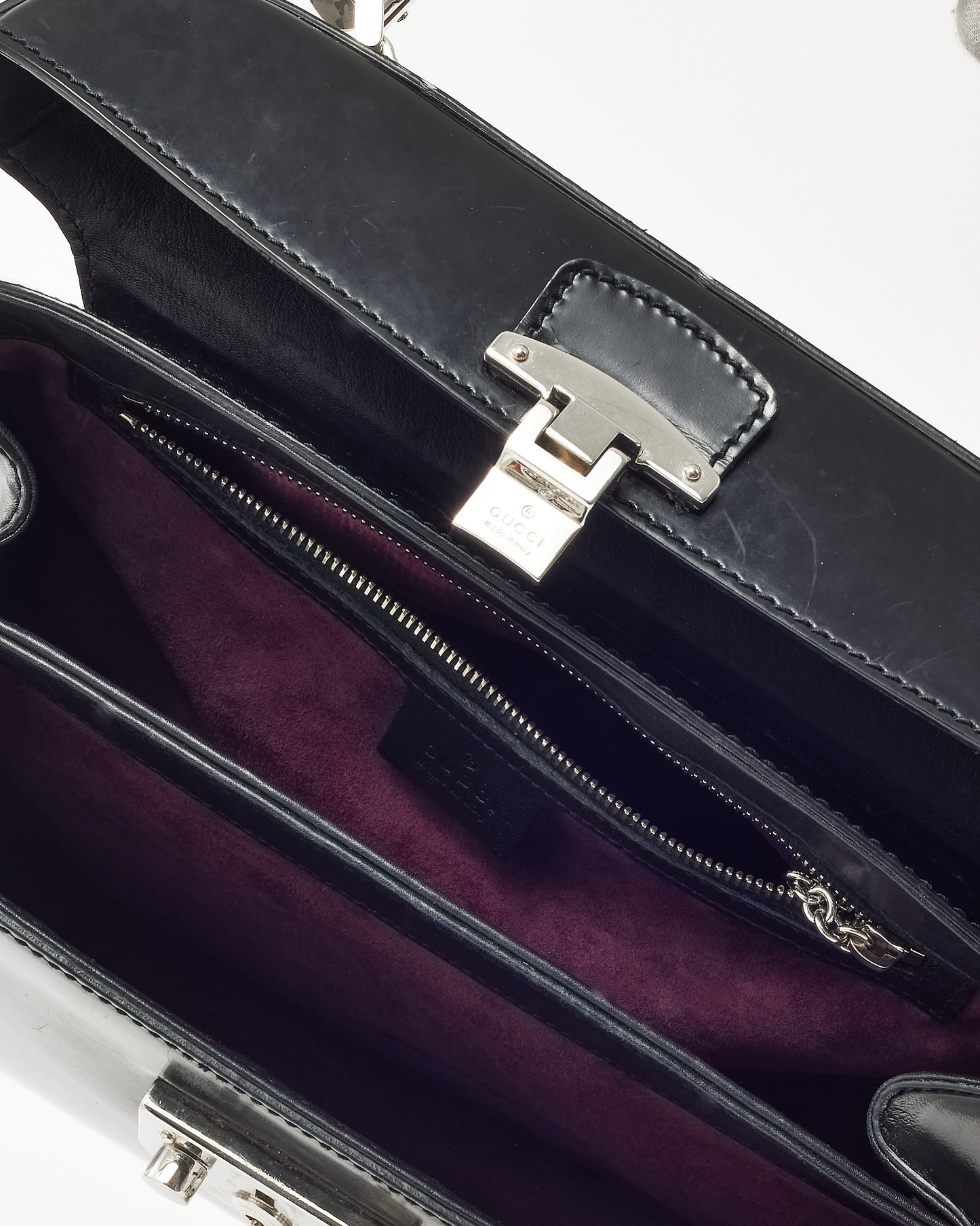 Gucci Black Glazed Calfskin Leather Lady Lock Bamboo Top Handle Bag SHW