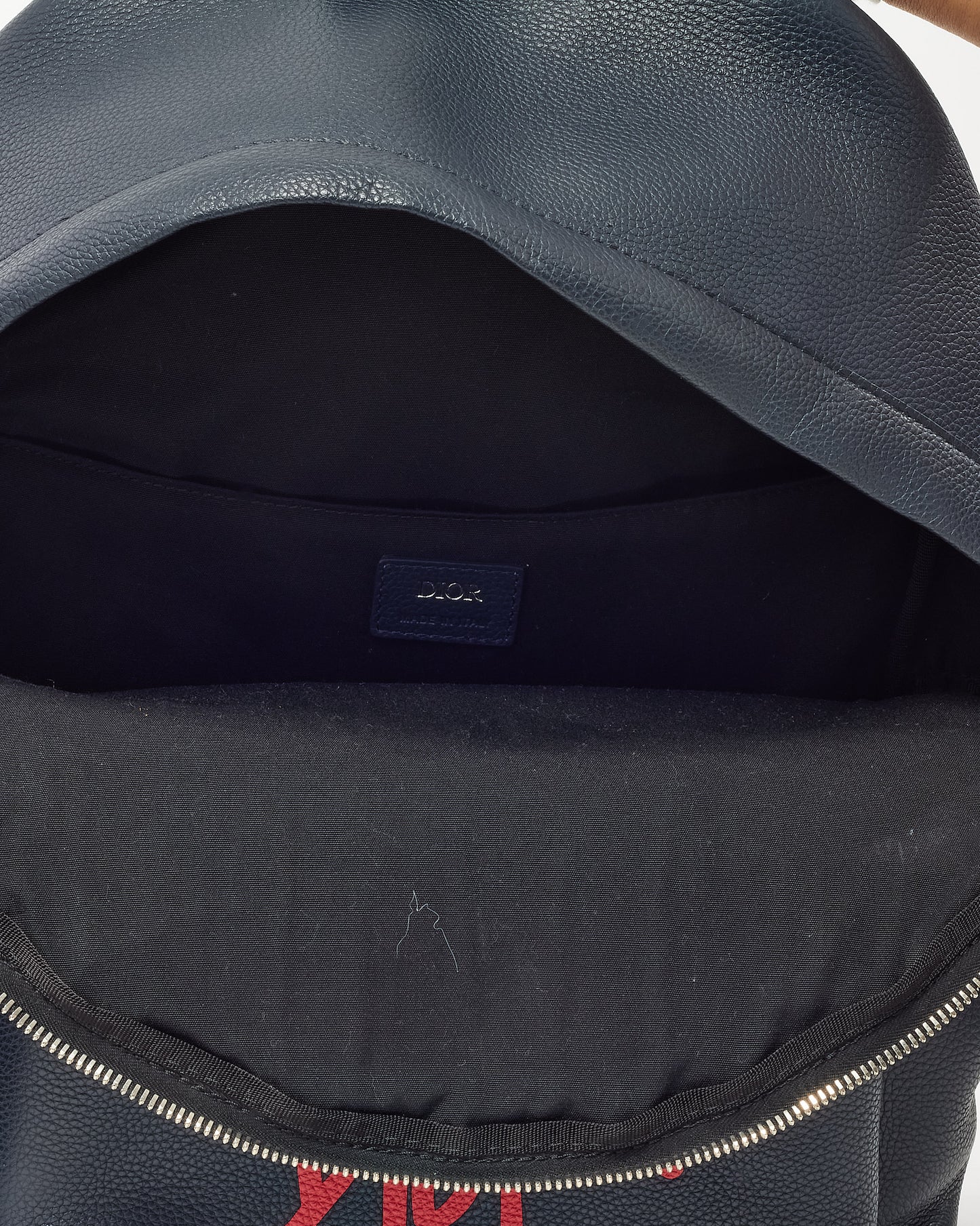 Dior x Stussy Navy Grained Leather Red Printed Logo Backpack