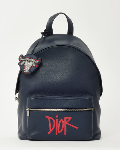 Dior x Stussy Navy Grained Leather Red Printed Logo Backpack