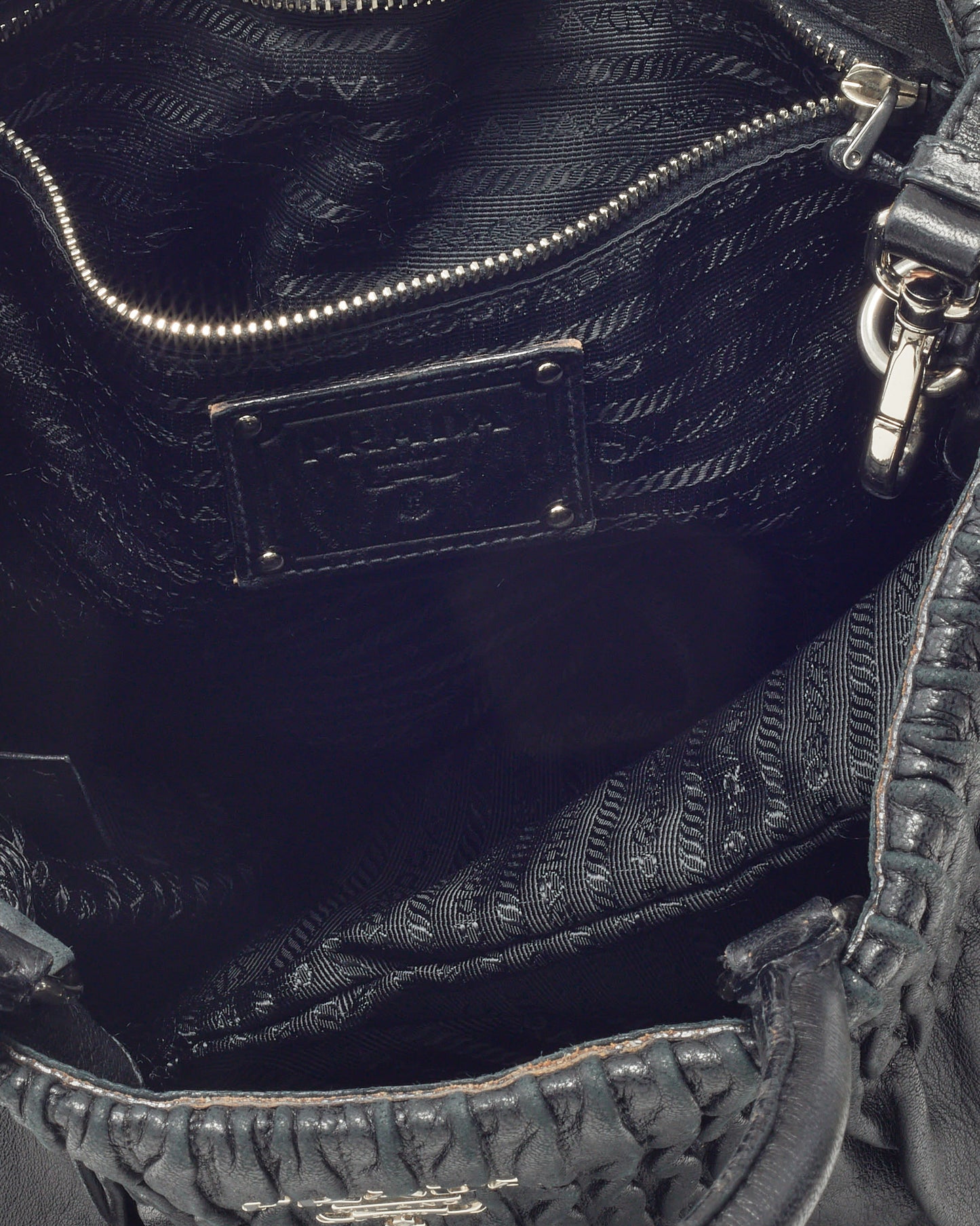 Prada Black Nappa Leather Pleated Logo 2Way Tote Bag with Strap