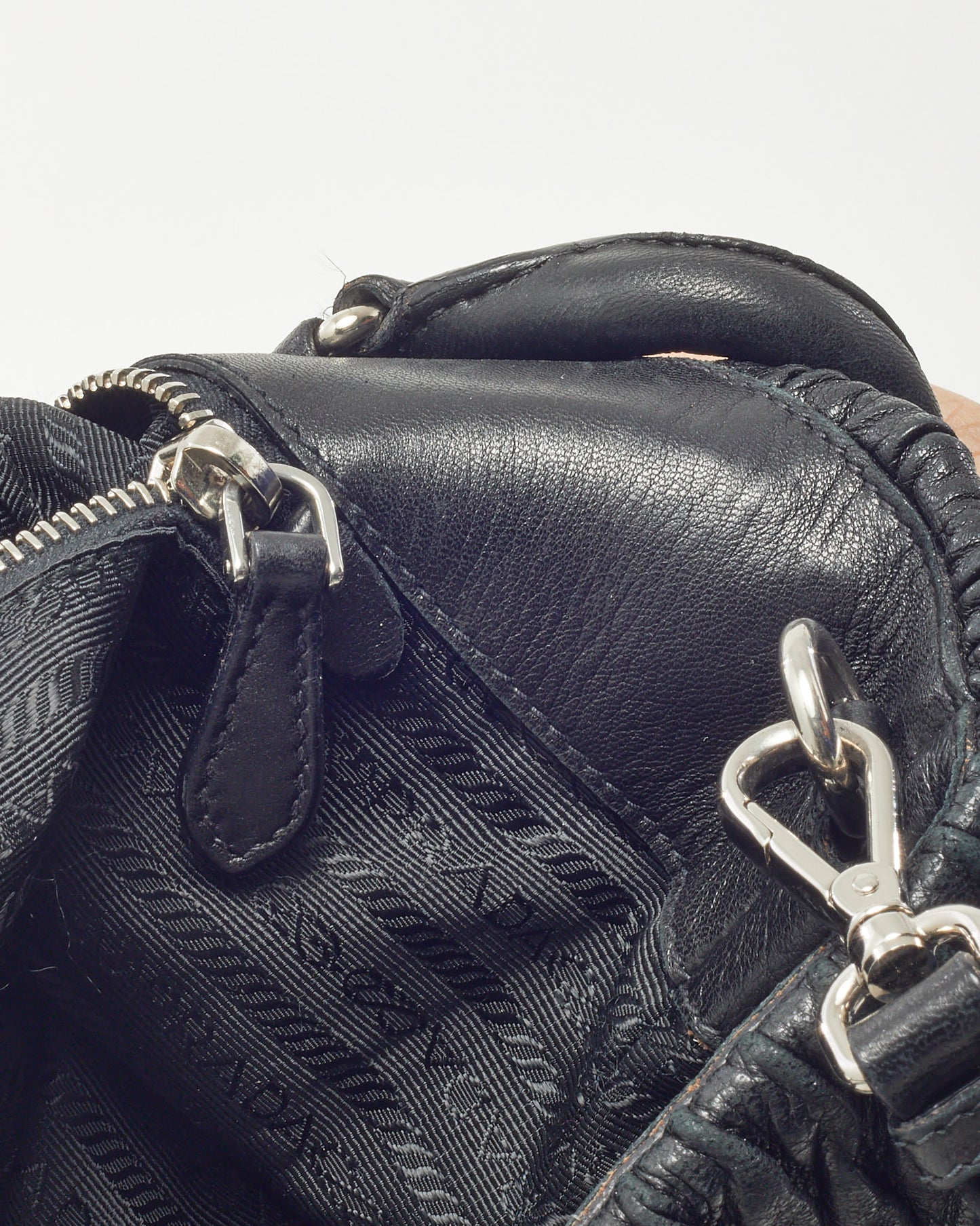 Prada Black Nappa Leather Pleated Logo 2Way Tote Bag with Strap