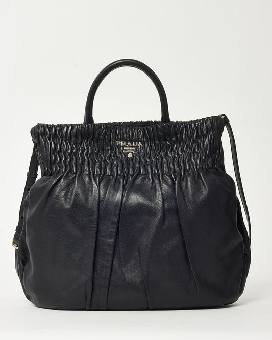 Prada Black Nappa Leather Pleated Logo 2Way Tote Bag with Strap