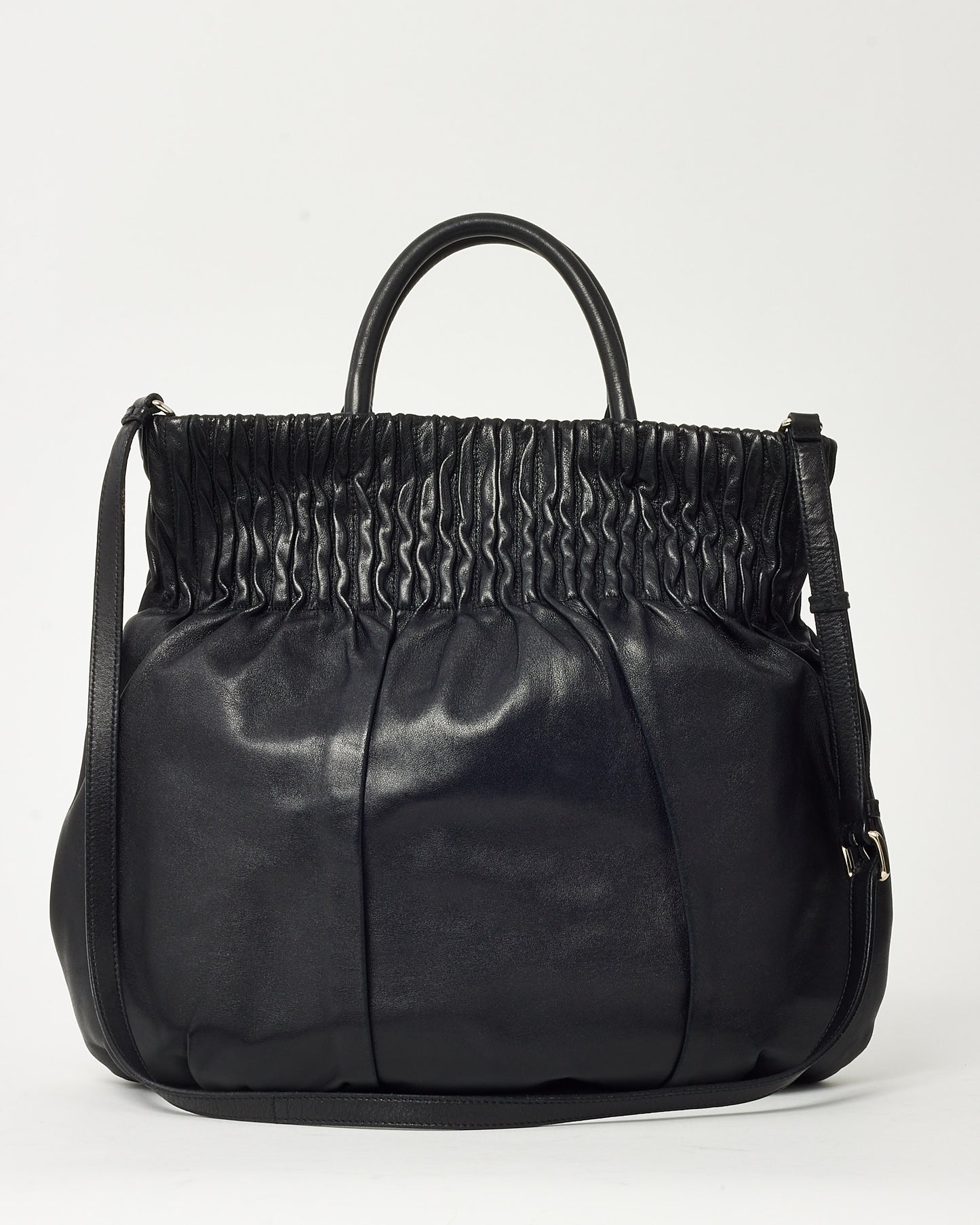 Prada Black Nappa Leather Pleated Logo 2Way Tote Bag with Strap