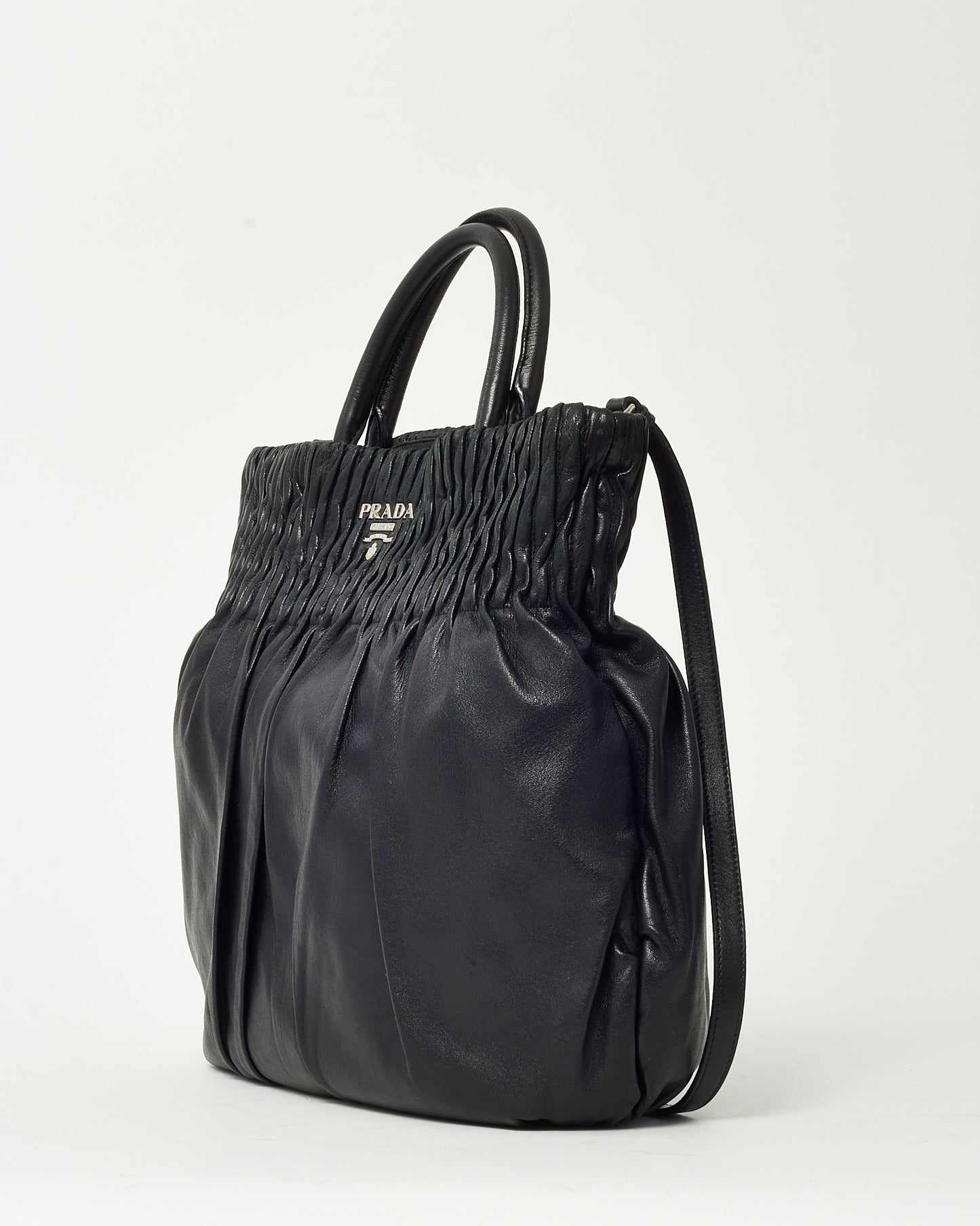 Prada Black Nappa Leather Pleated Logo 2Way Tote Bag with Strap