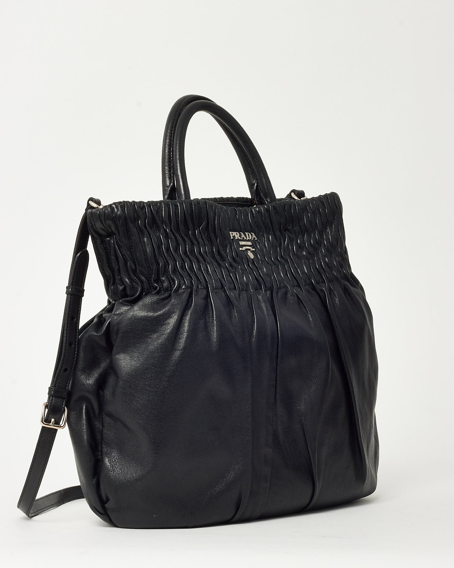 Prada Black Nappa Leather Pleated Logo 2Way Tote Bag with Strap