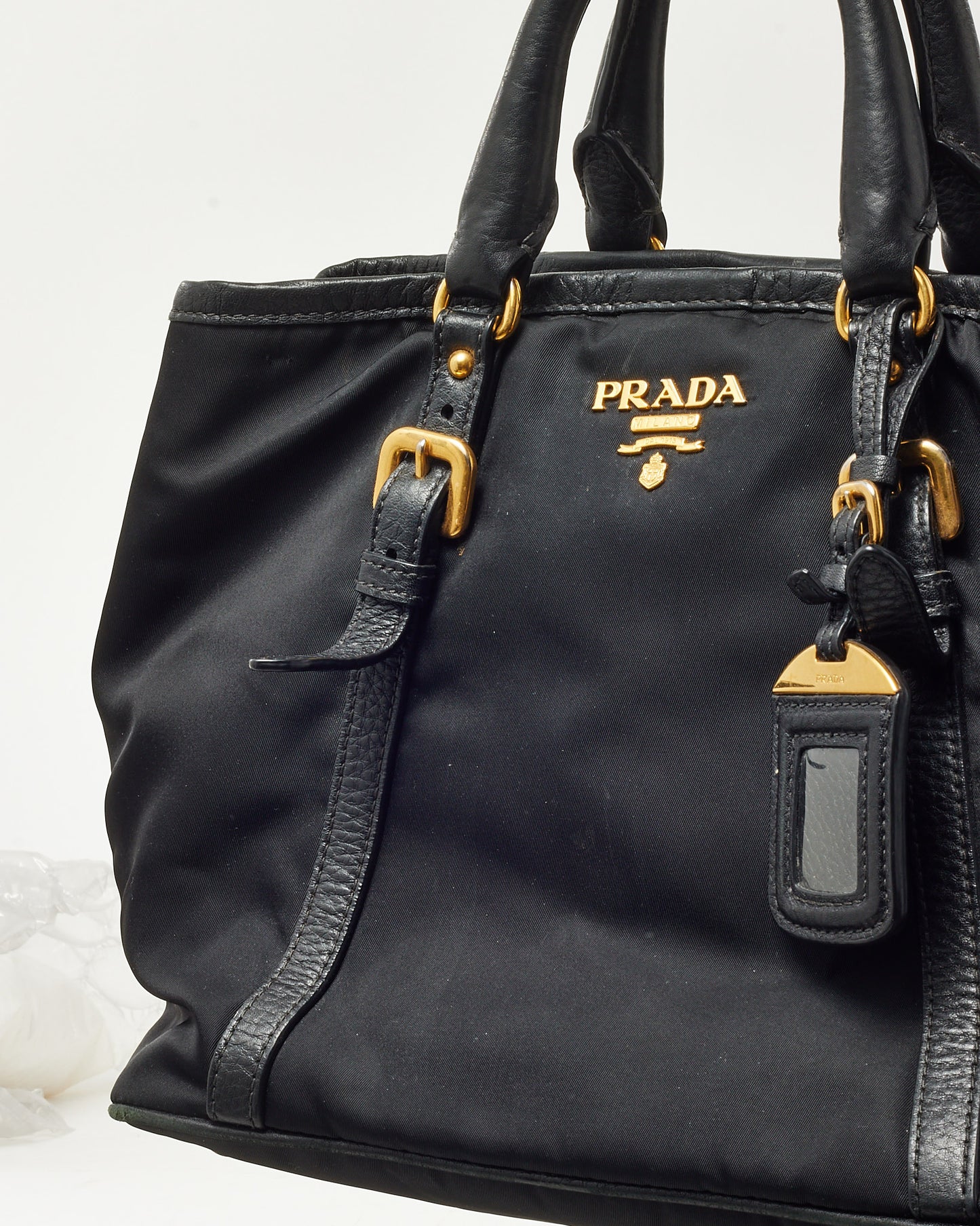 Prada Black Tessuto Nylon and Leather Detail Buckle 2Way Tote Bag with Strap BN1841