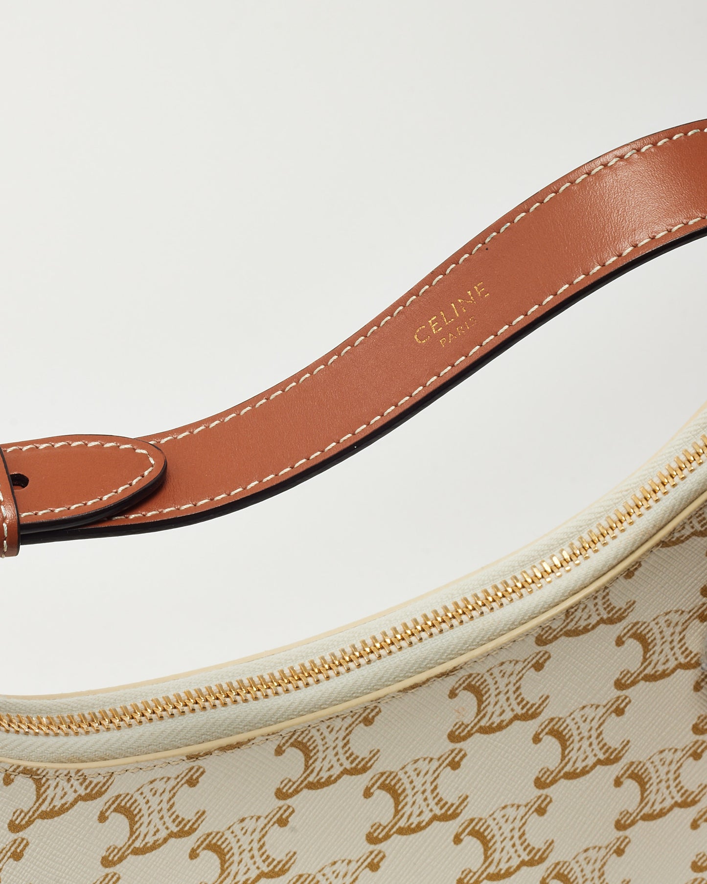 Celine White and Brown Triomphe Coated Canvas Ava Shoulder Bag