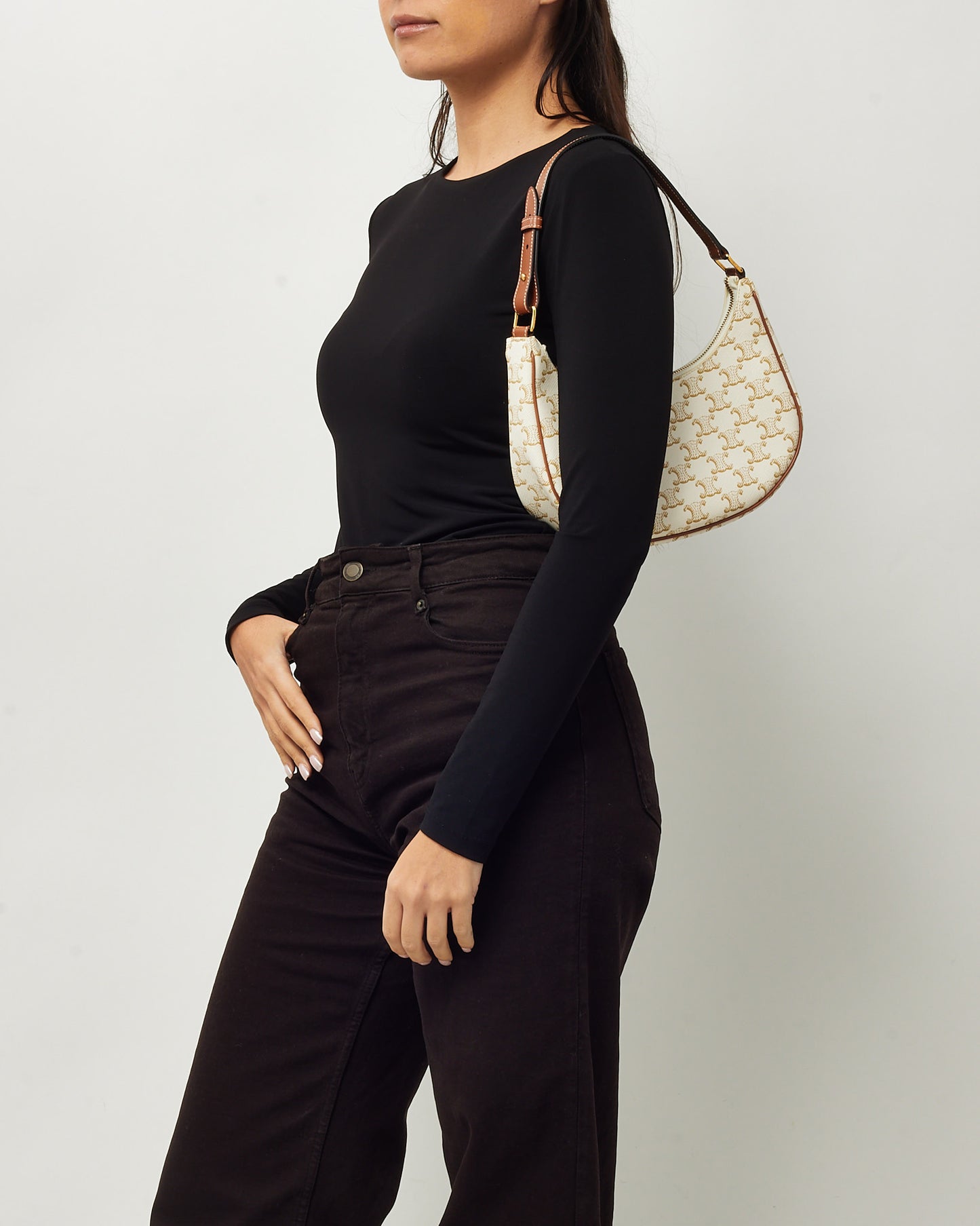 Celine White and Brown Triomphe Coated Canvas Ava Shoulder Bag