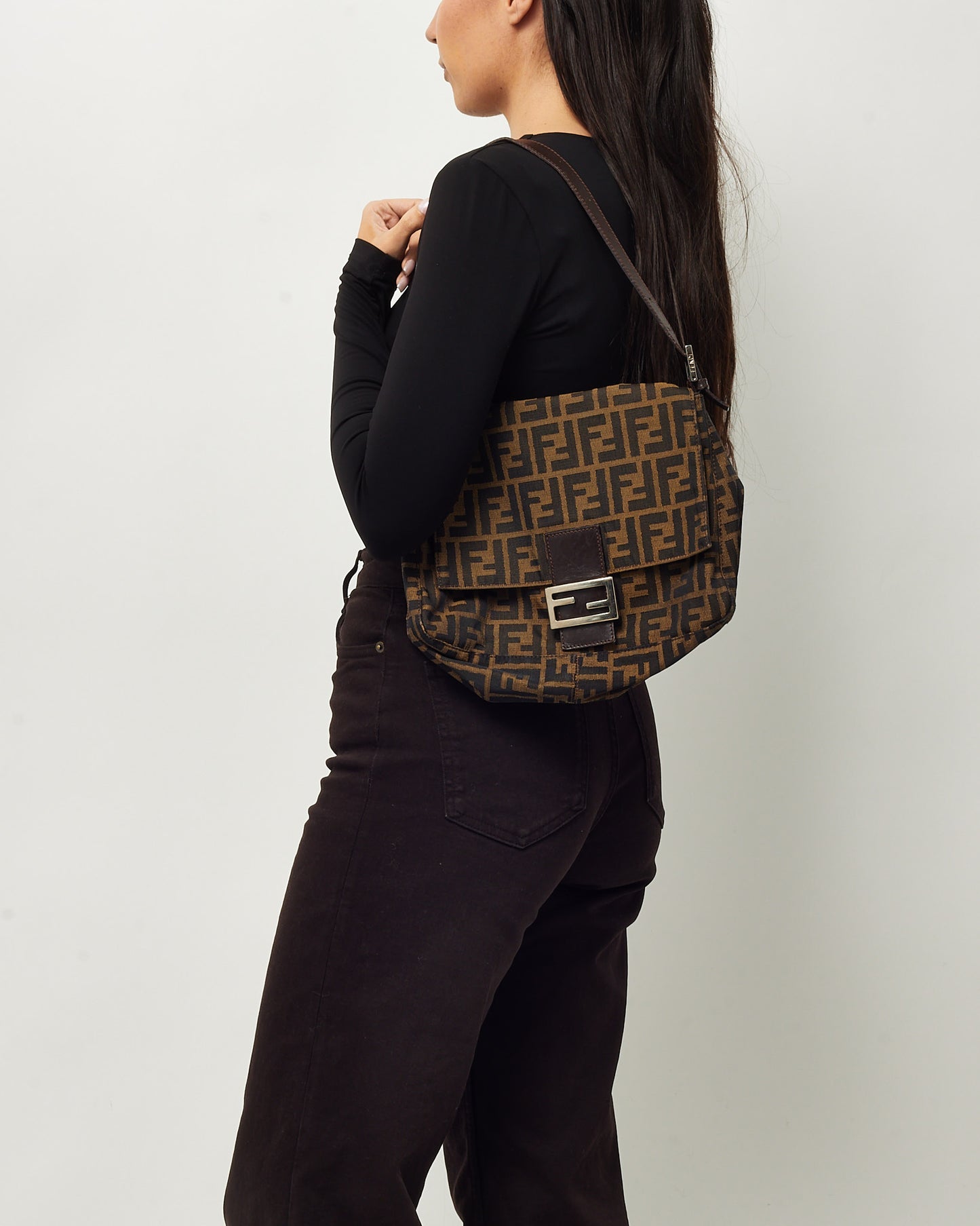 Fendi Brown Tobacco Zucca Monogram Canvas Mama Baguette Shoulder Bag