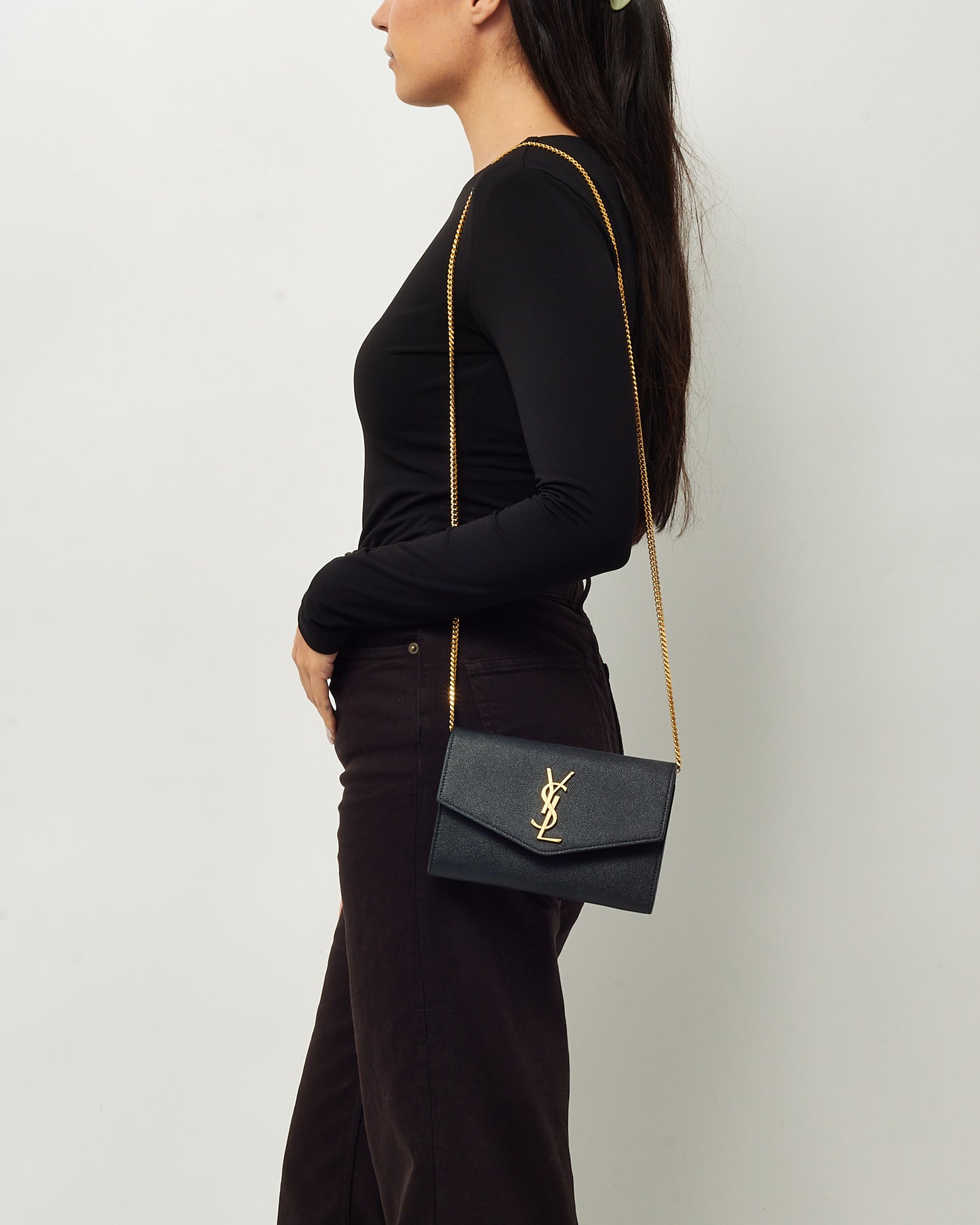 Saint Laurent Black Grain de Poudre Leather YSL Uptown WOC Chain Wallet Crossbody GHW