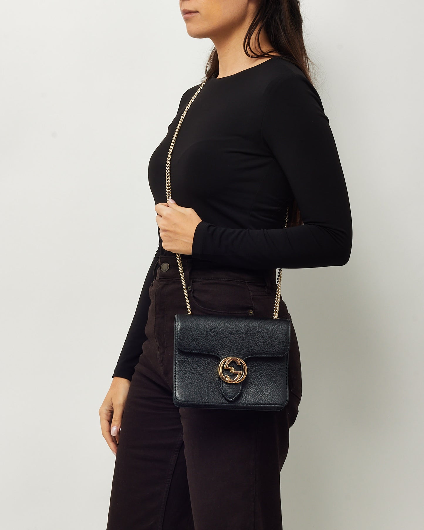 Gucci Black Grained Leather Interlocking G Dollar Flap Square Chain Shoulder Bag SHW