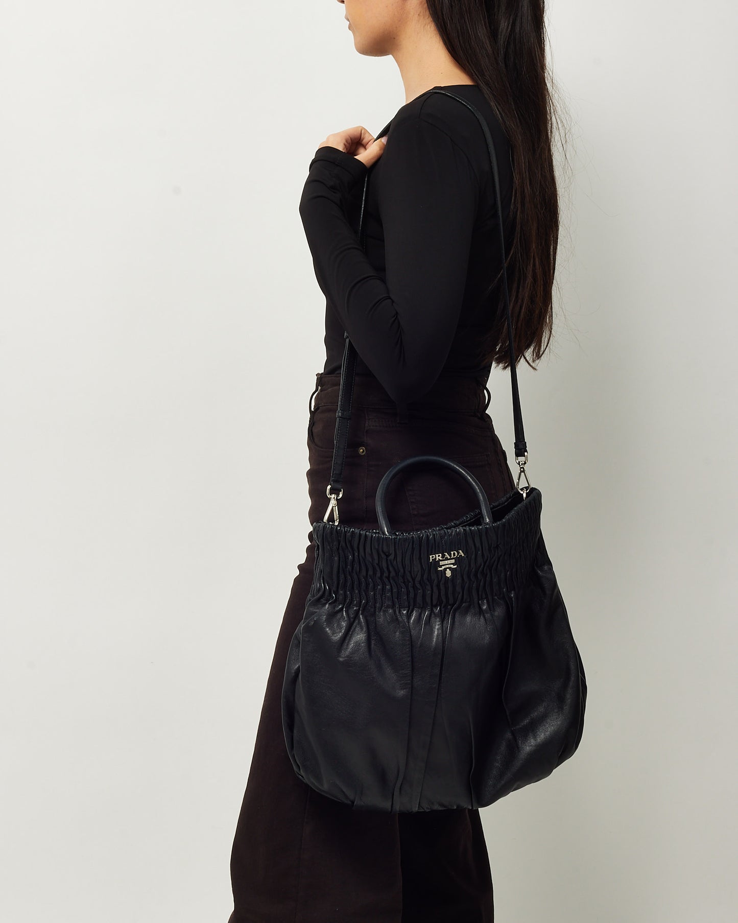 Prada Black Nappa Leather Pleated Logo 2Way Tote Bag with Strap