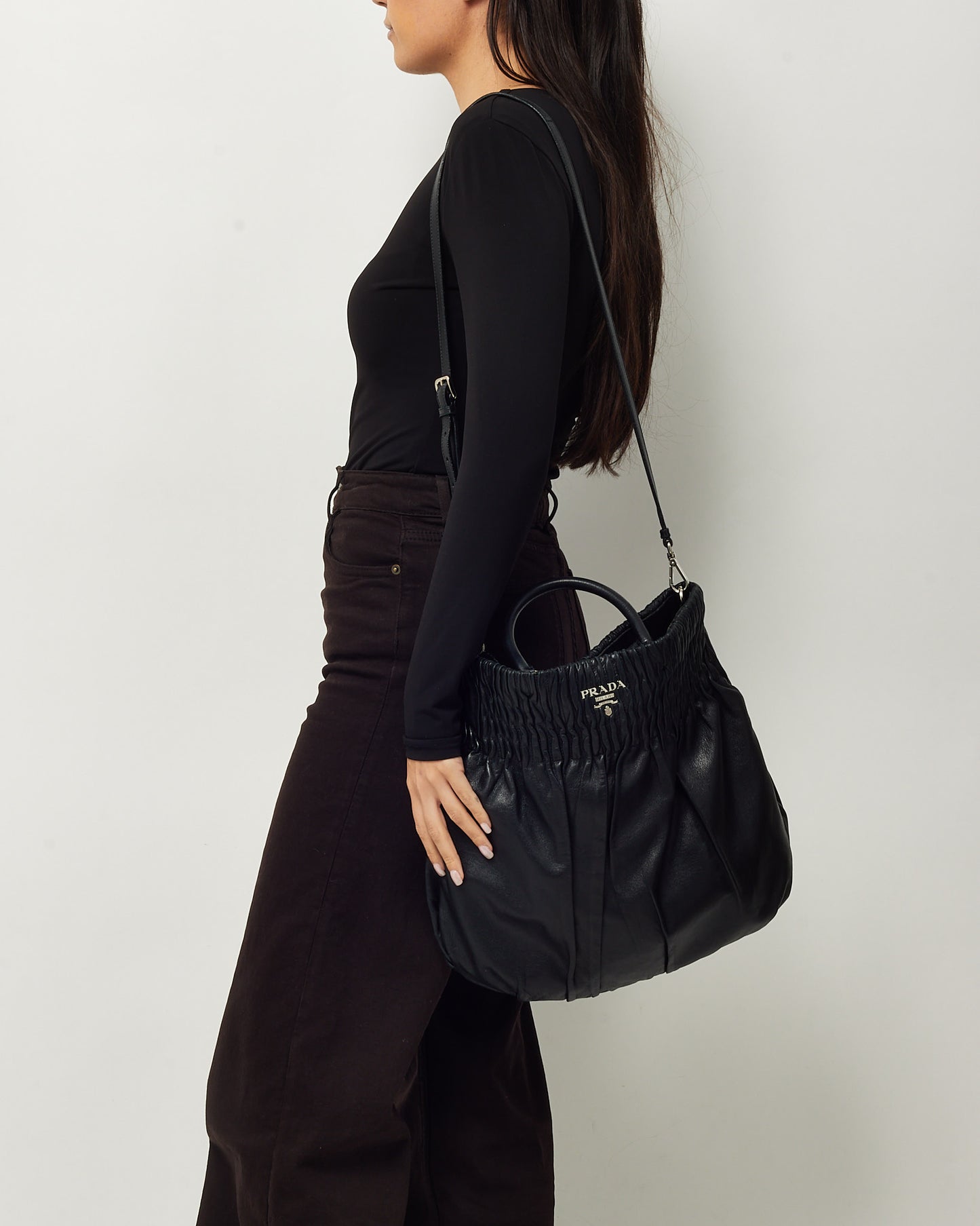 Prada Black Nappa Leather Pleated Logo 2Way Tote Bag with Strap