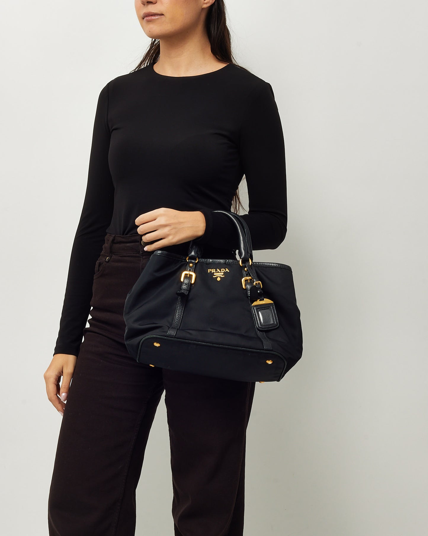 Prada Black Tessuto Nylon and Leather Detail Buckle 2Way Tote Bag with Strap BN1841