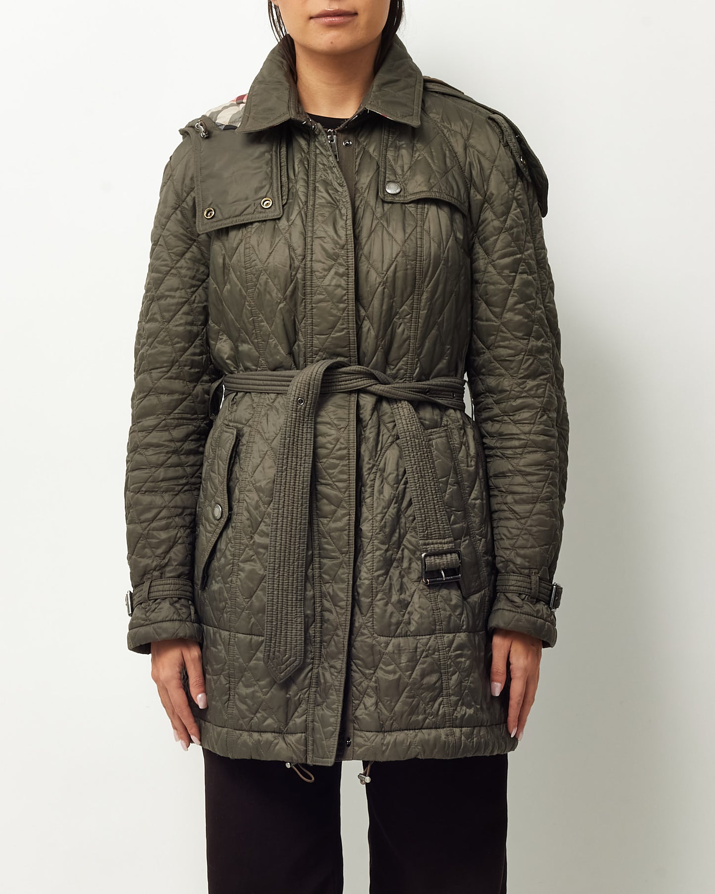 Burberry Brit Khaki Green Nylon Padded Quilted Belted Hooded Jacket - XL