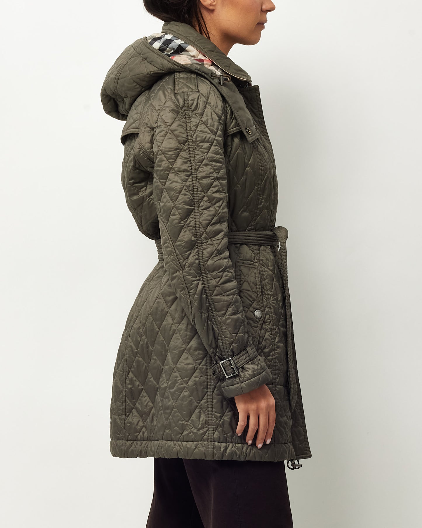 Burberry Brit Khaki Green Nylon Padded Quilted Belted Hooded Jacket - XL