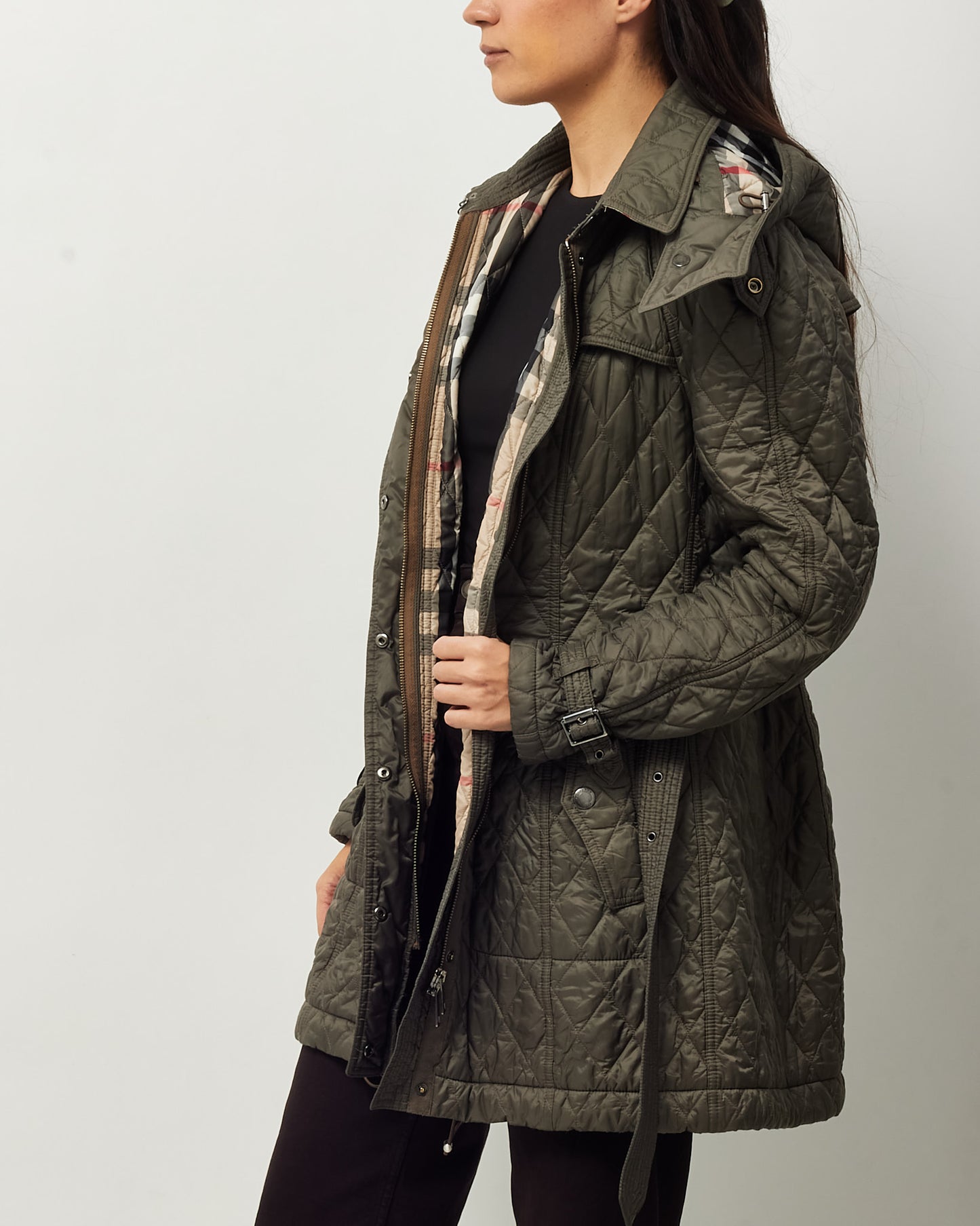 Burberry Brit Khaki Green Nylon Padded Quilted Belted Hooded Jacket - XL