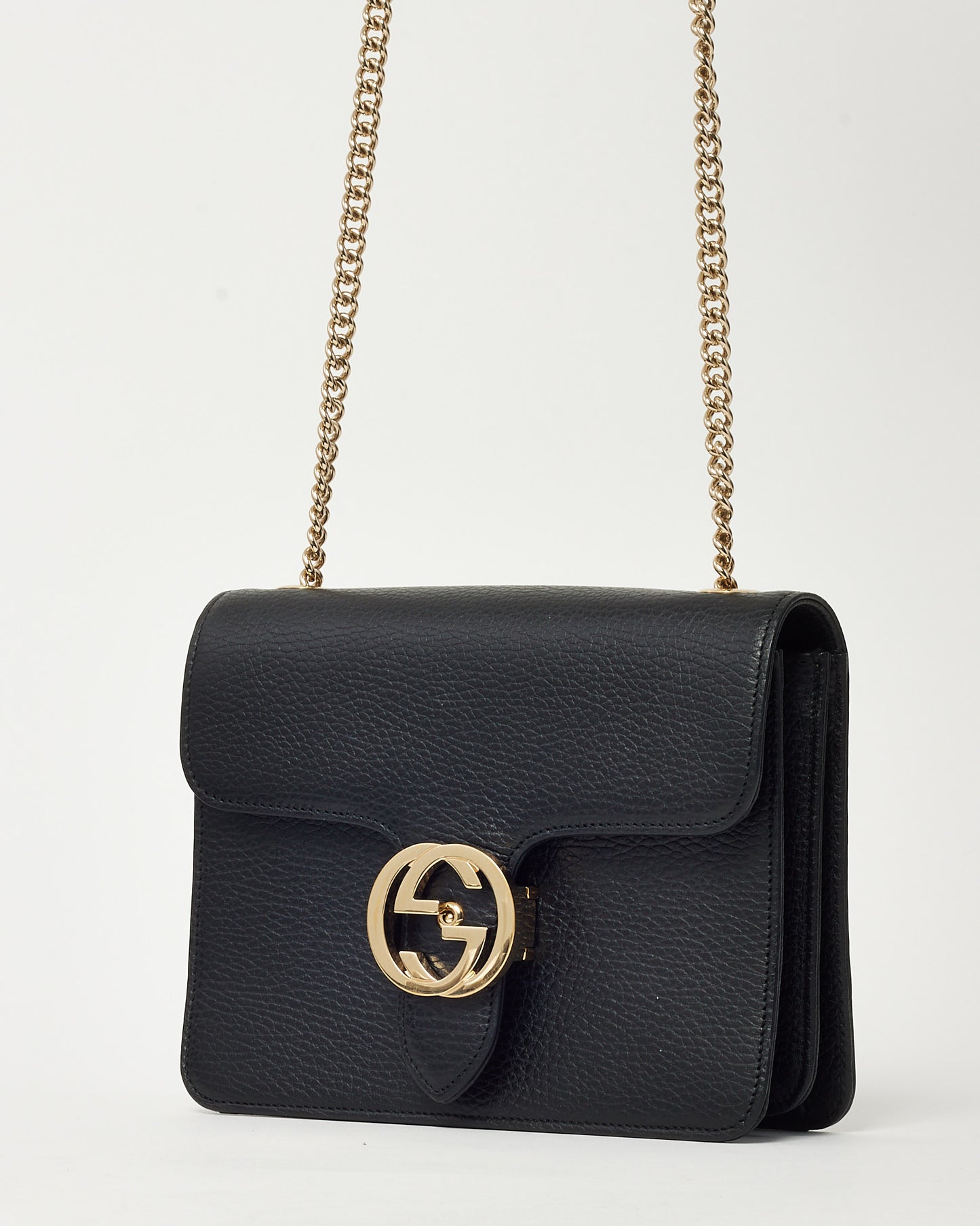 Gucci Black Grained Leather Interlocking G Dollar Flap Square Chain Shoulder Bag SHW