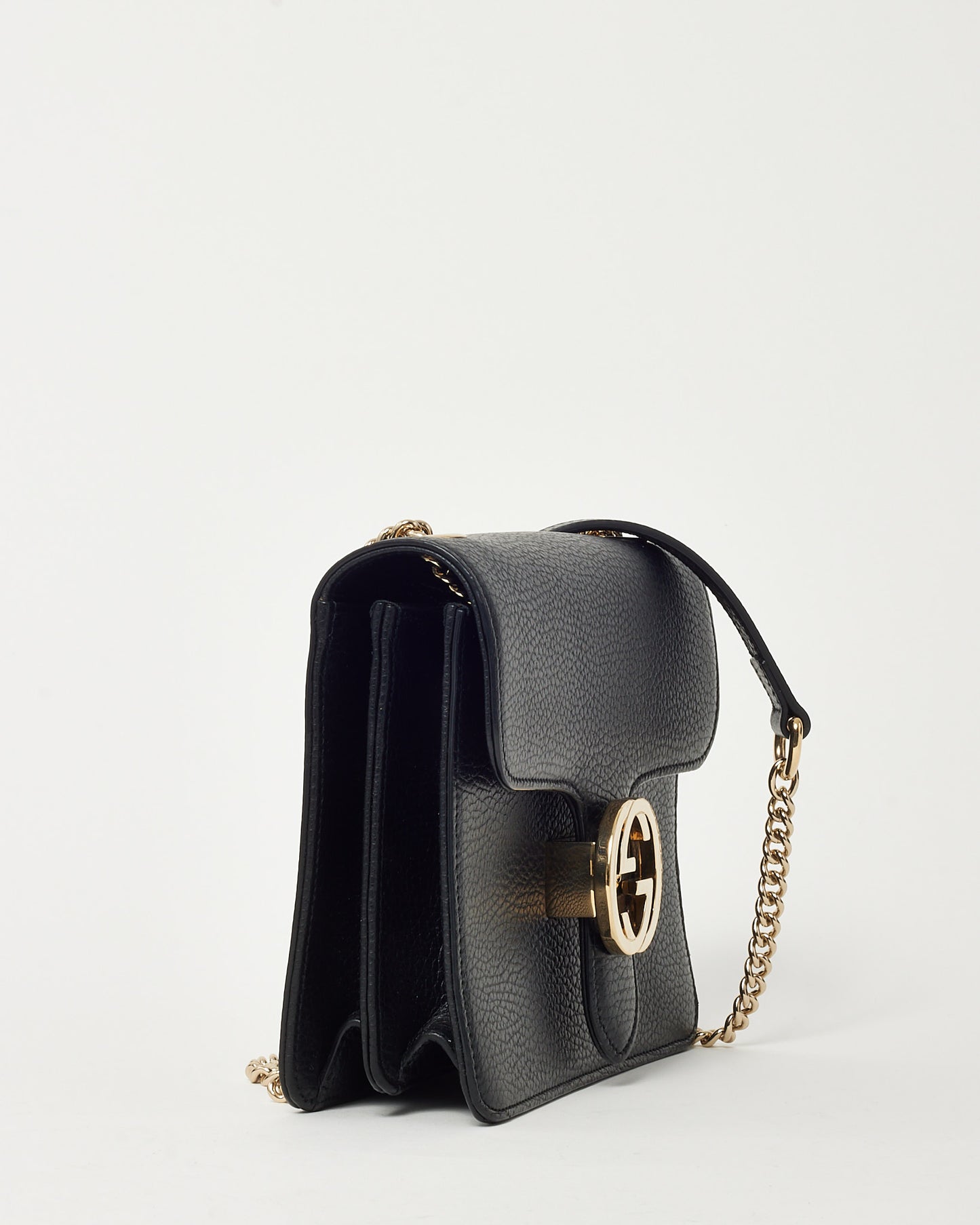 Gucci Black Grained Leather Interlocking G Dollar Flap Square Chain Shoulder Bag SHW