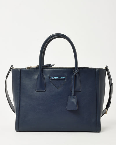 Prada Navy Grace Lux Leather 2Way Concept Tote with Strap 1BA183