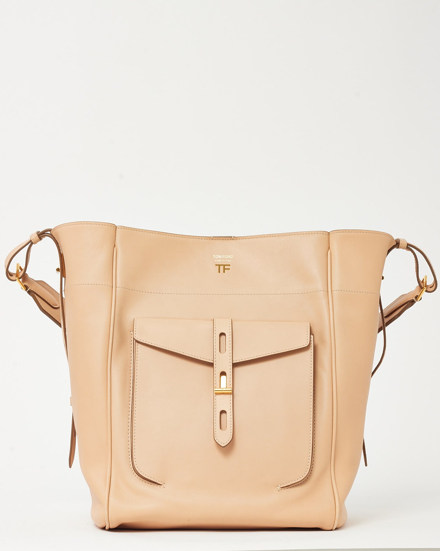 Tom Ford Beige (Oat) Calfskin Leather  Hollywood T Twist Bucket Shoulder Bag