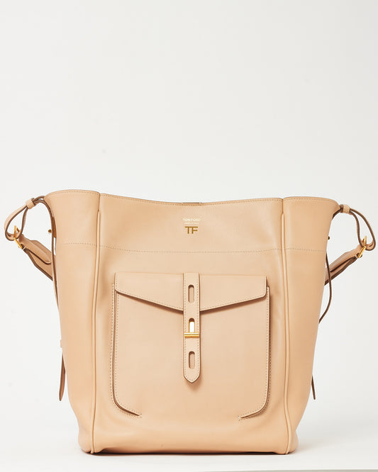 Tom Ford Beige (Oat) Calfskin Leather  Hollywood T Twist Bucket Shoulder Bag