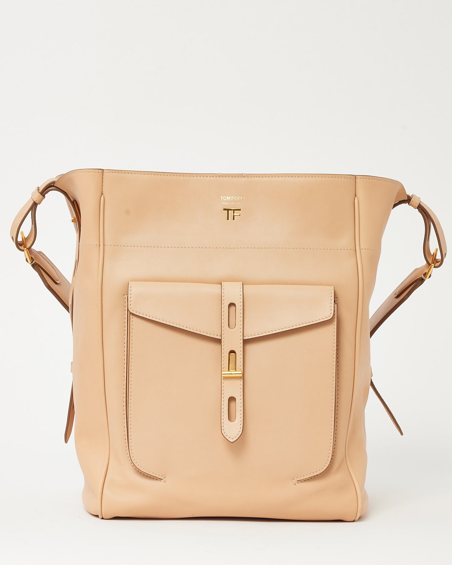 Tom Ford Beige (Oat) Calfskin Leather  Hollywood T Twist Bucket Shoulder Bag