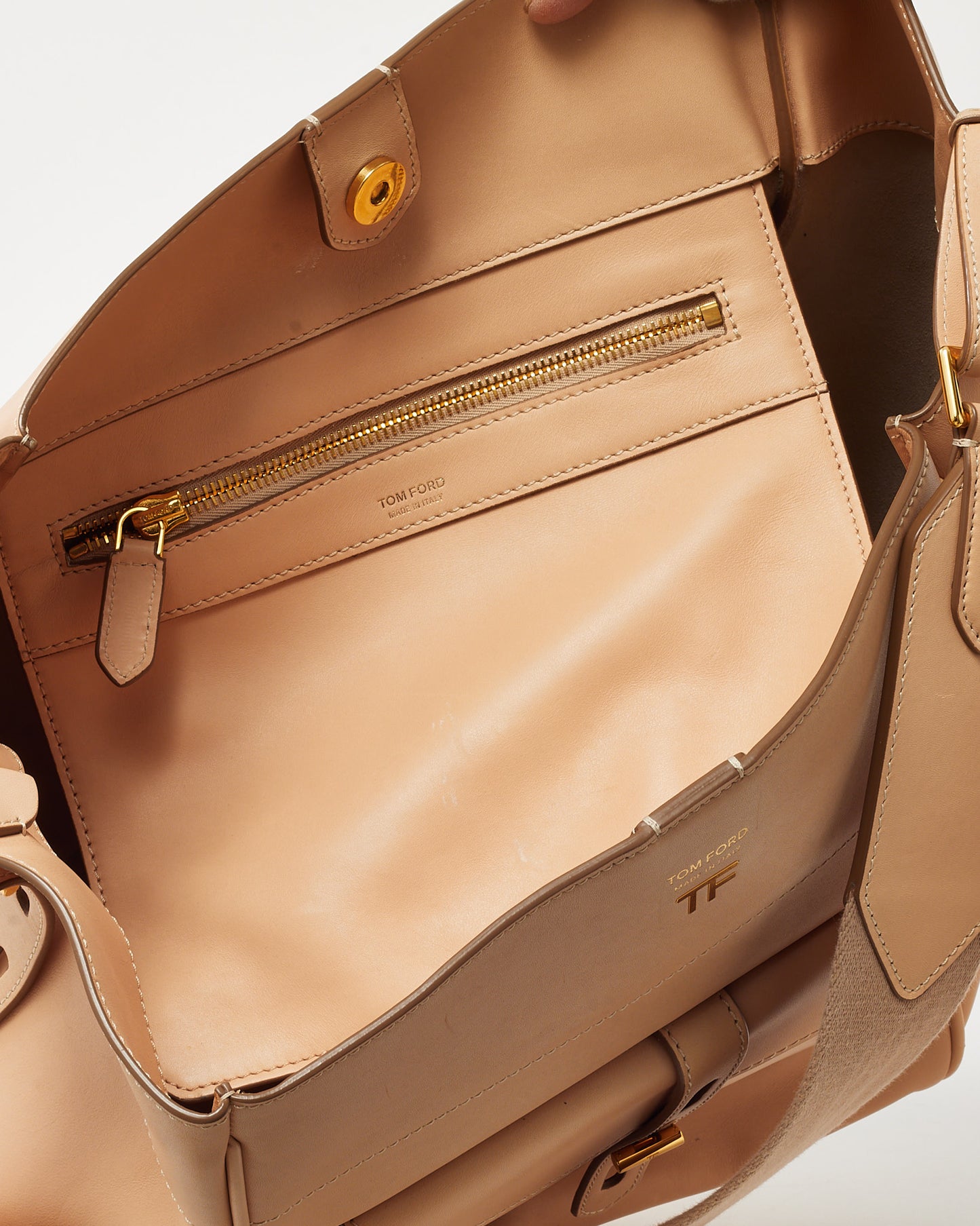 Tom Ford Beige (Oat) Calfskin Leather  Hollywood T Twist Bucket Shoulder Bag