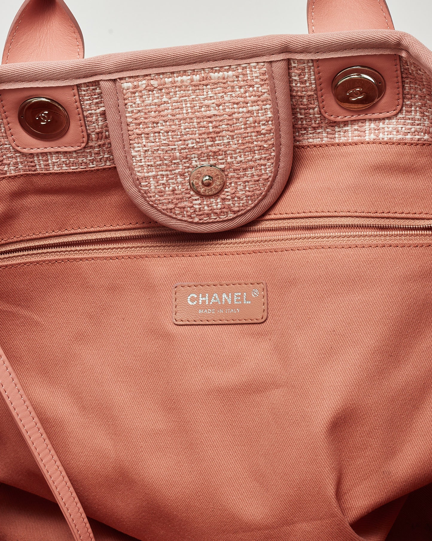 Chanel Pink Lurex Boucle Tweed Chanel Logo Medium Deauville Tote SHW