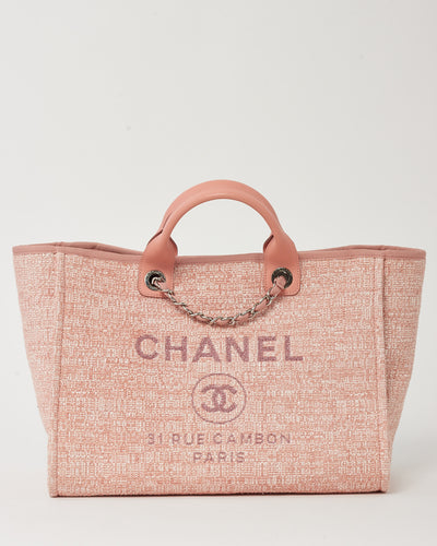 Chanel Pink Lurex Boucle Tweed Chanel Logo Medium Deauville Tote SHW