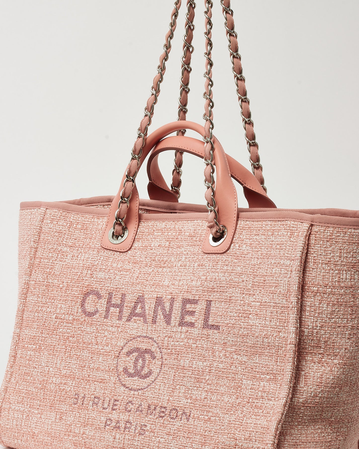 Chanel Pink Lurex Boucle Tweed Chanel Logo Medium Deauville Tote SHW