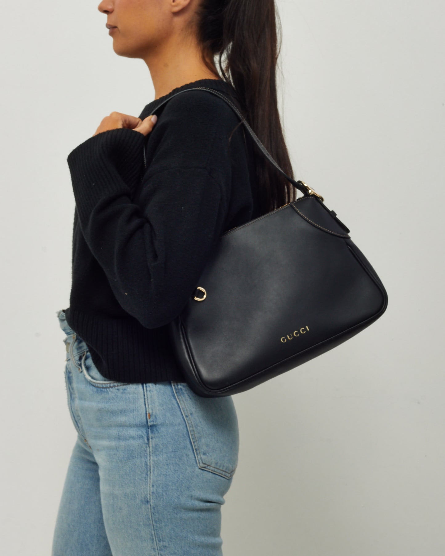 Gucci Black Calf Leather Medium GG Emblem Shoulder Bag