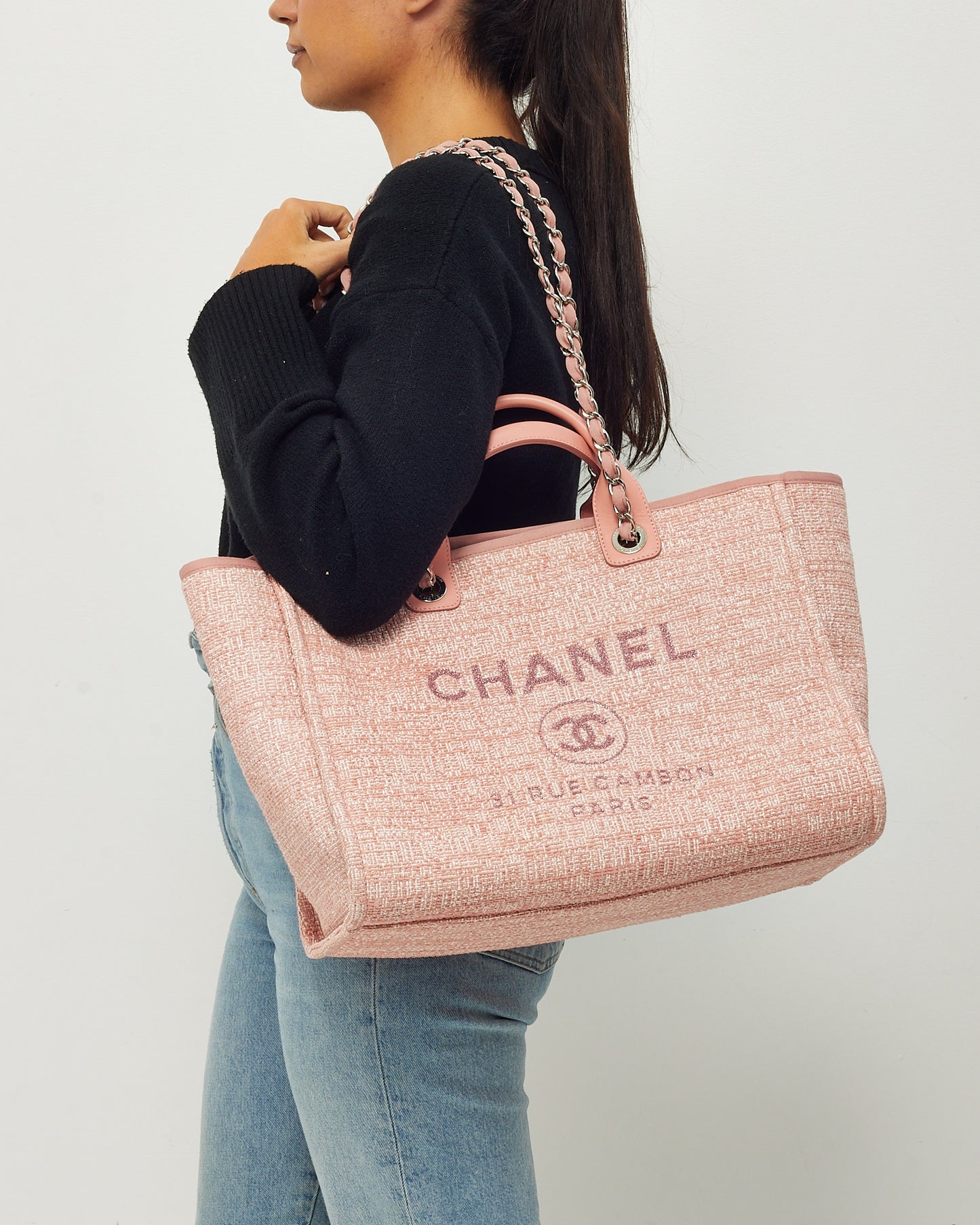 Chanel Pink Lurex Boucle Tweed Chanel Logo Medium Deauville Tote SHW