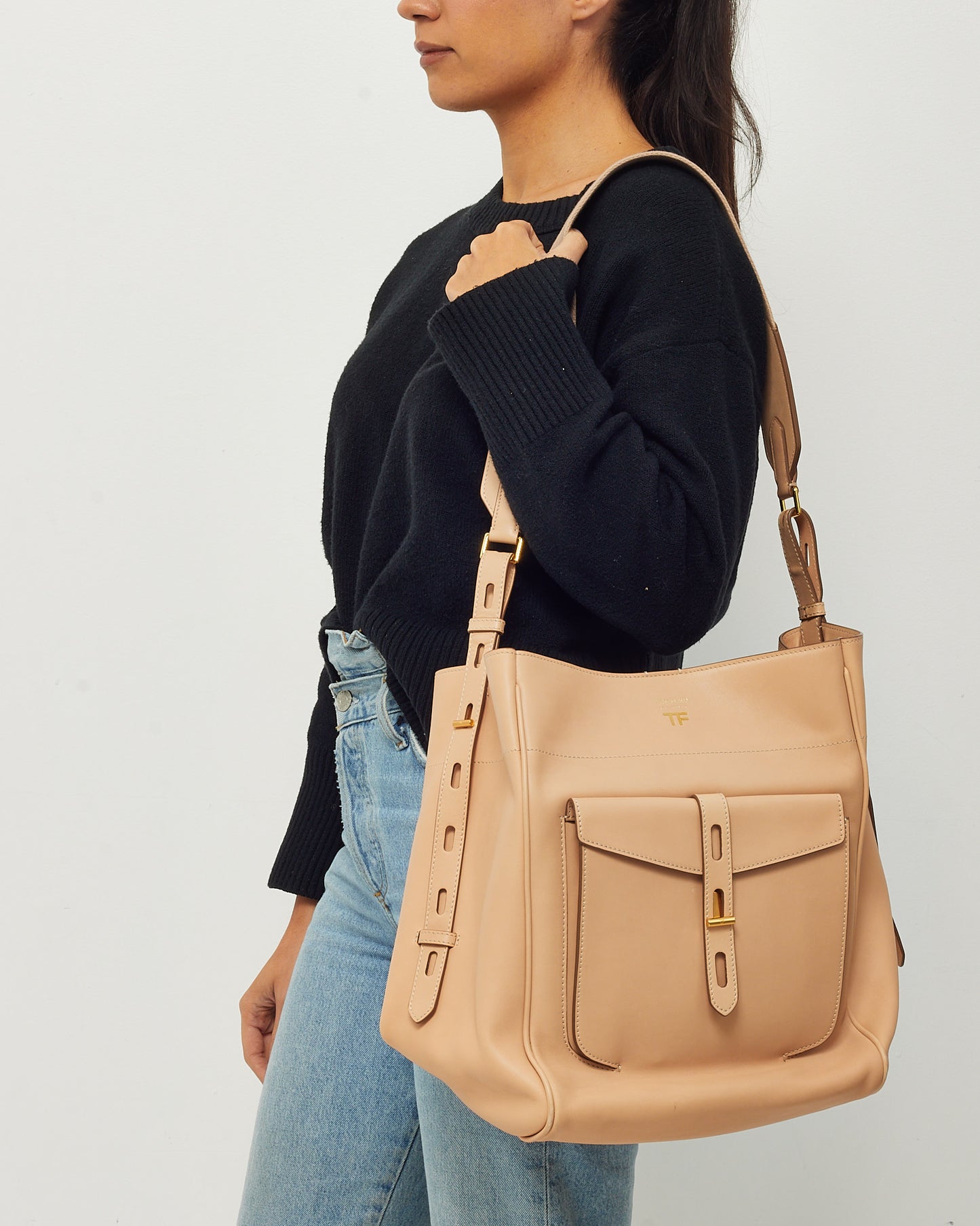 Tom Ford Beige (Oat) Calfskin Leather  Hollywood T Twist Bucket Shoulder Bag
