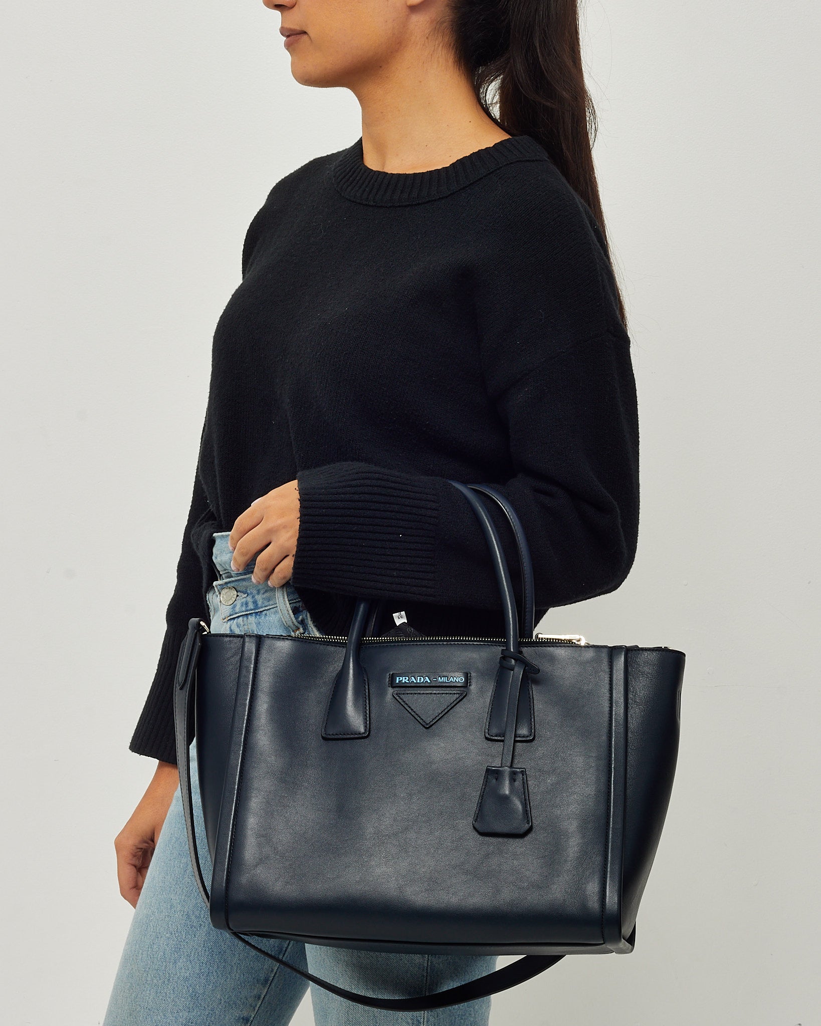 PRADA バッグ Buy Prada Navy Grace Lux Leather 2Way Concept Tote with Strap