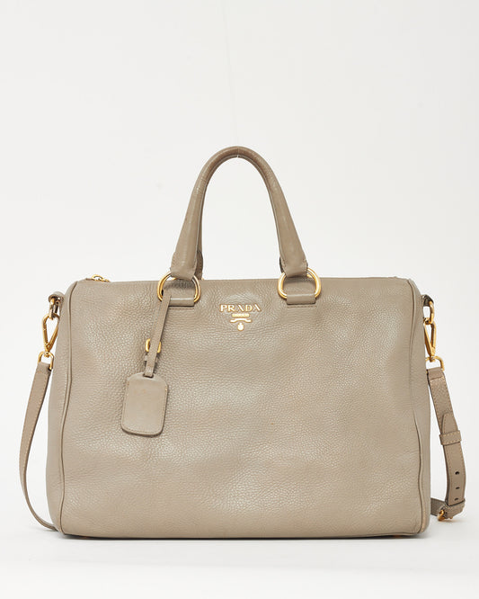 Prada Grey Vitello Daino Leather Zip 2Way Tote Bag with Strap