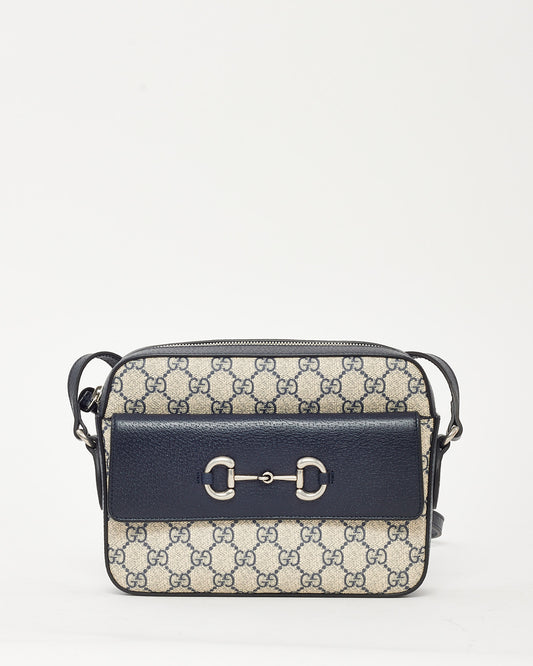 Gucci Navy Leather and Beige and Navy GG Supreme Monogram Canvas Horsebit 1955 Camera Bag