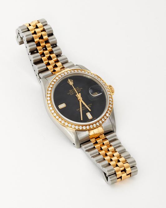 Rolex Stainless Steel and 18K Yellow Gold Custom Diamond Bezel and Onyx Baguette Dial Datejust 36mm Watch