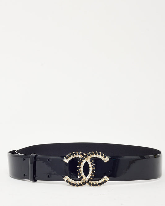 Chanel Black Patent Leather Crystal Strass and Black Bead CC Logo Belt - 90/36