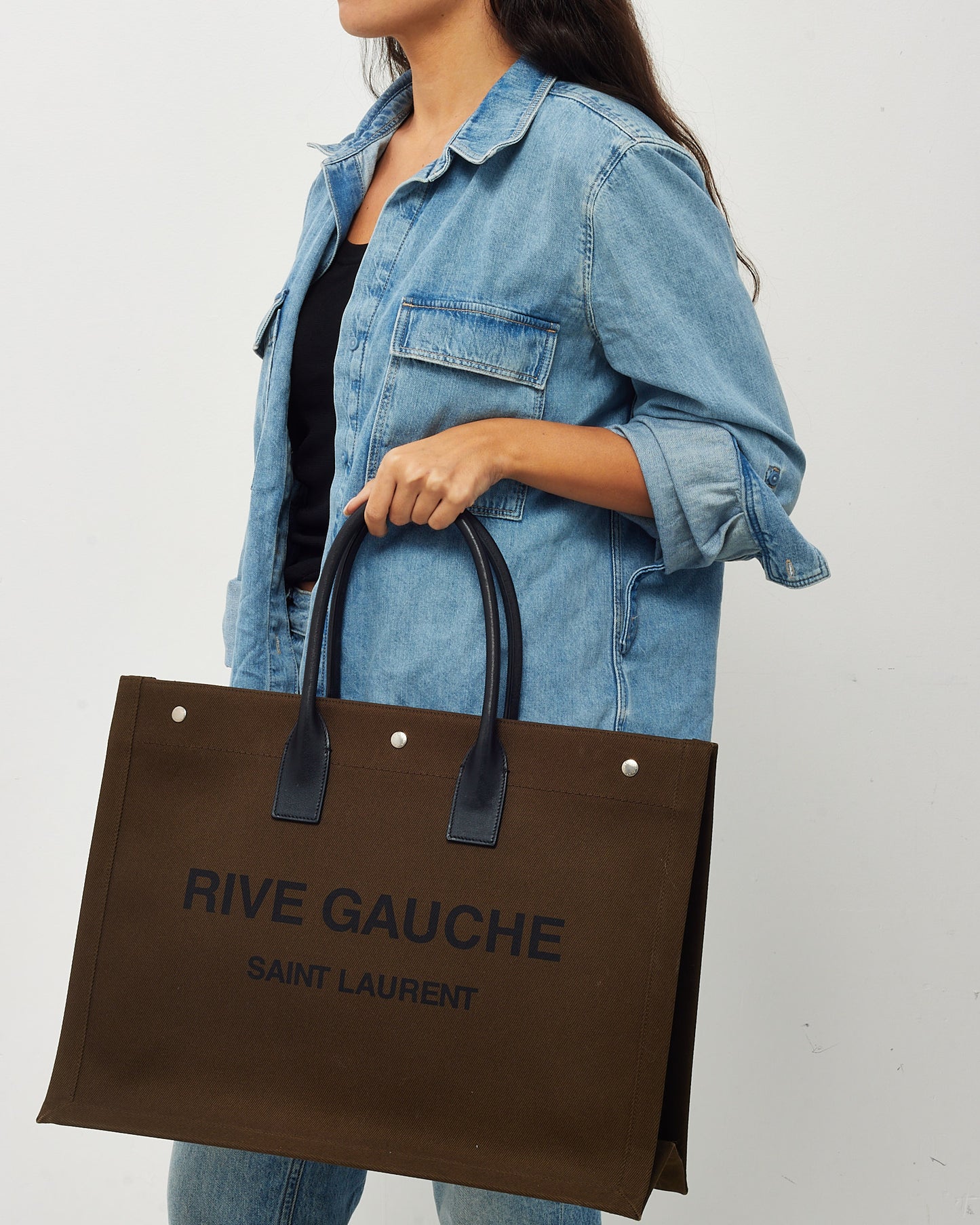 Sac cabas Saint Laurent Rive Gauche grand modèle en lin kaki